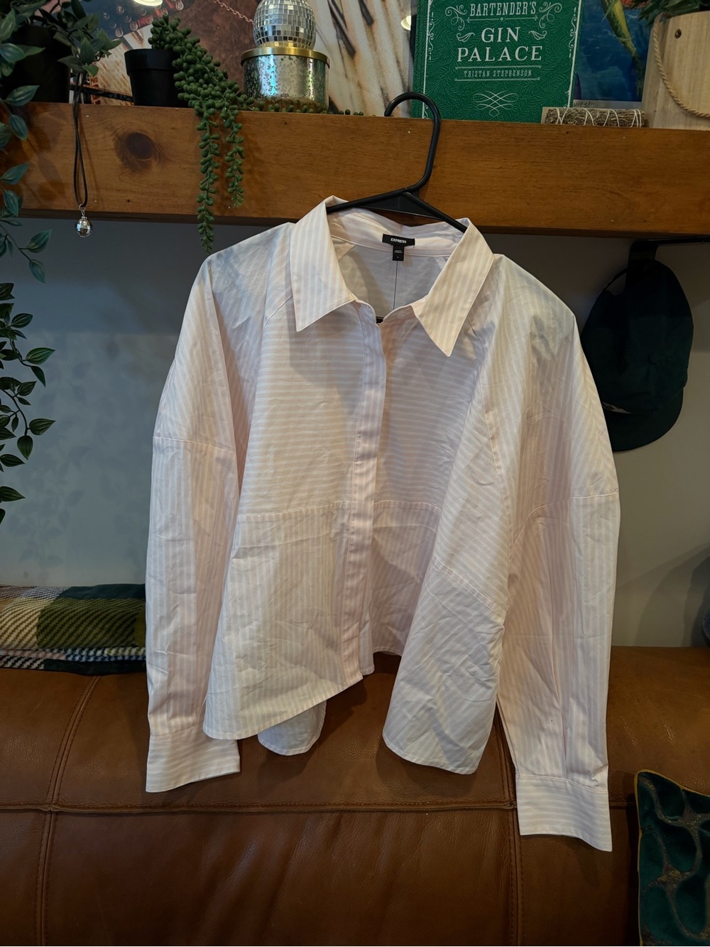 Express Women’s Pink and White Striped Button-Down Shirt (Size L)